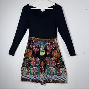 ECI New York Long Sleeve Fit and Flare Dress Black‎ Multicolor Boho Print Small